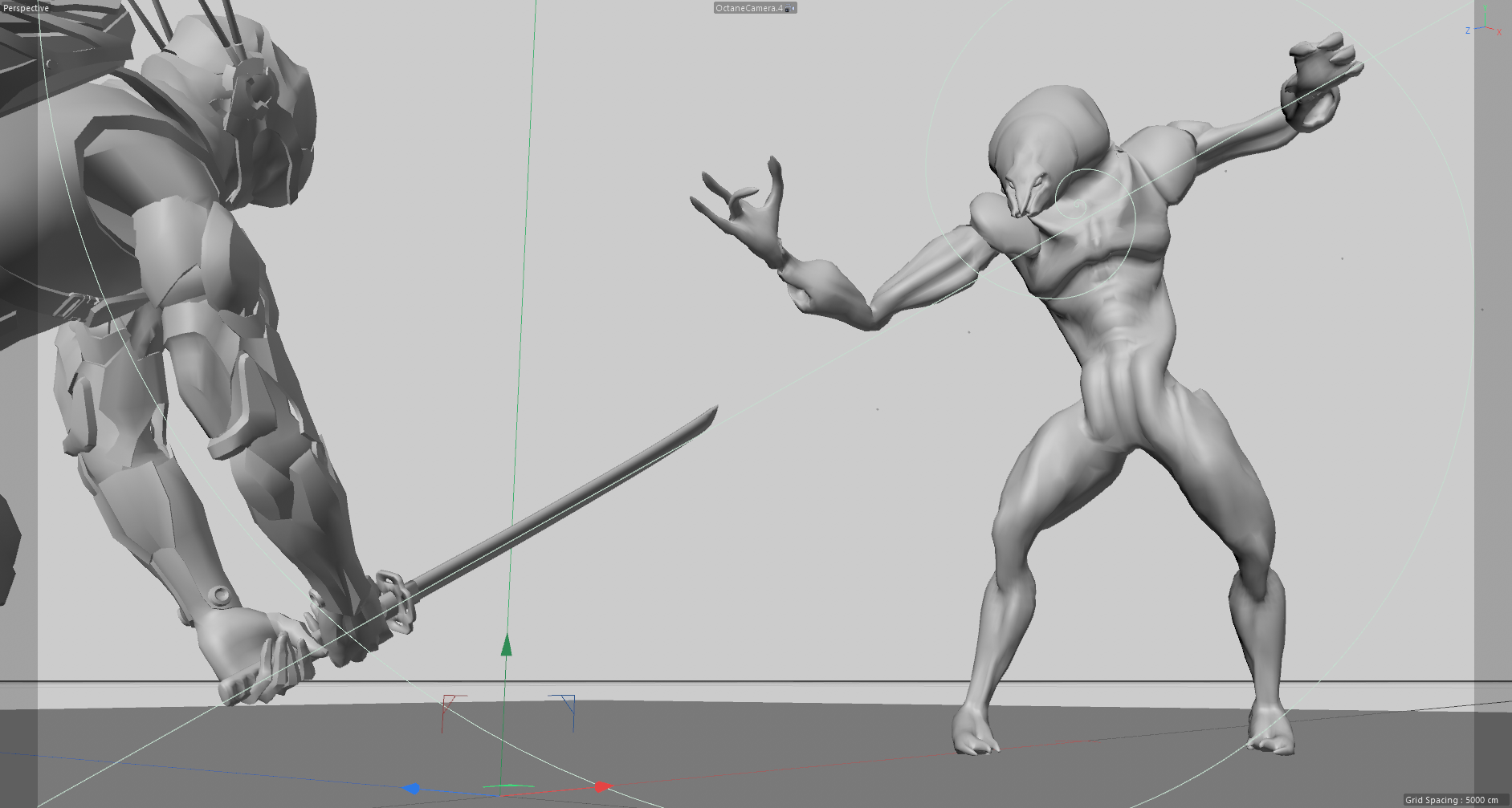 Cinema 4D viewport with hero character and alien close-up composition