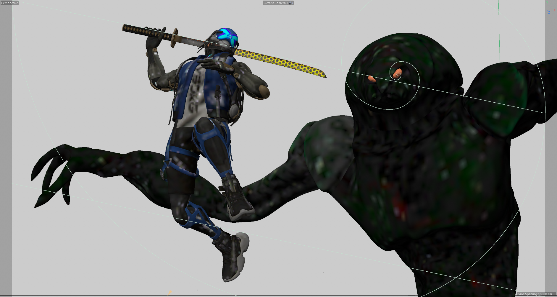 Cinema 4D viewport showing the hero moving through a group of alien characters
