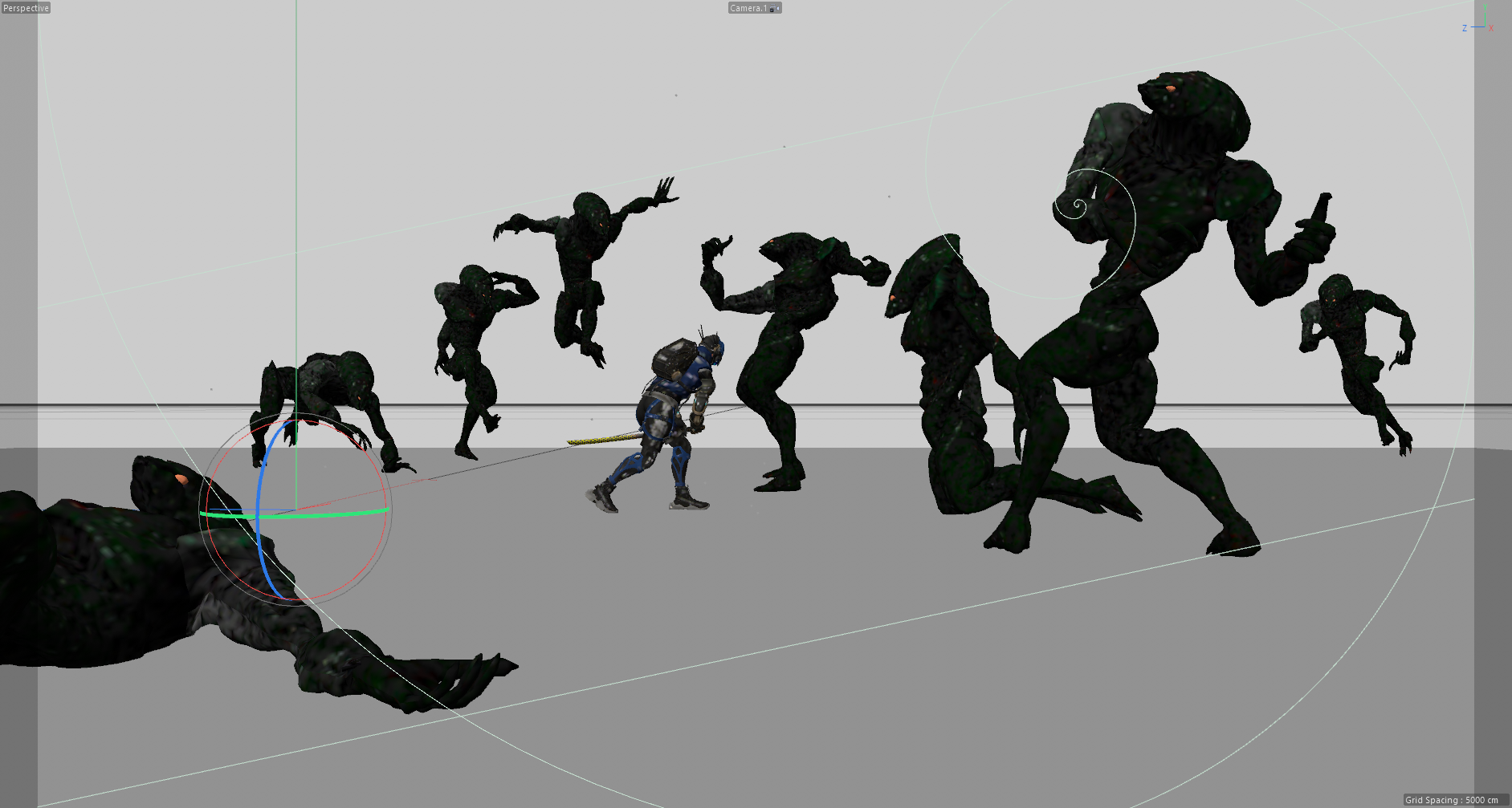 Cinema 4D viewport with the hero character facing two alien creatures