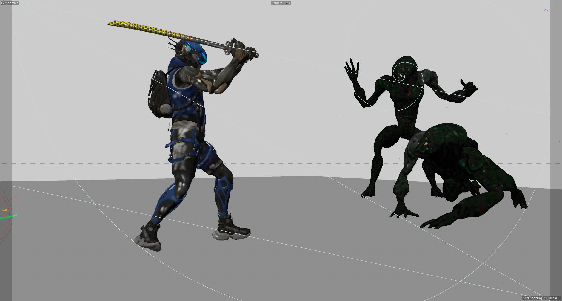 Cinema 4D over-the-shoulder viewport framing the alien group