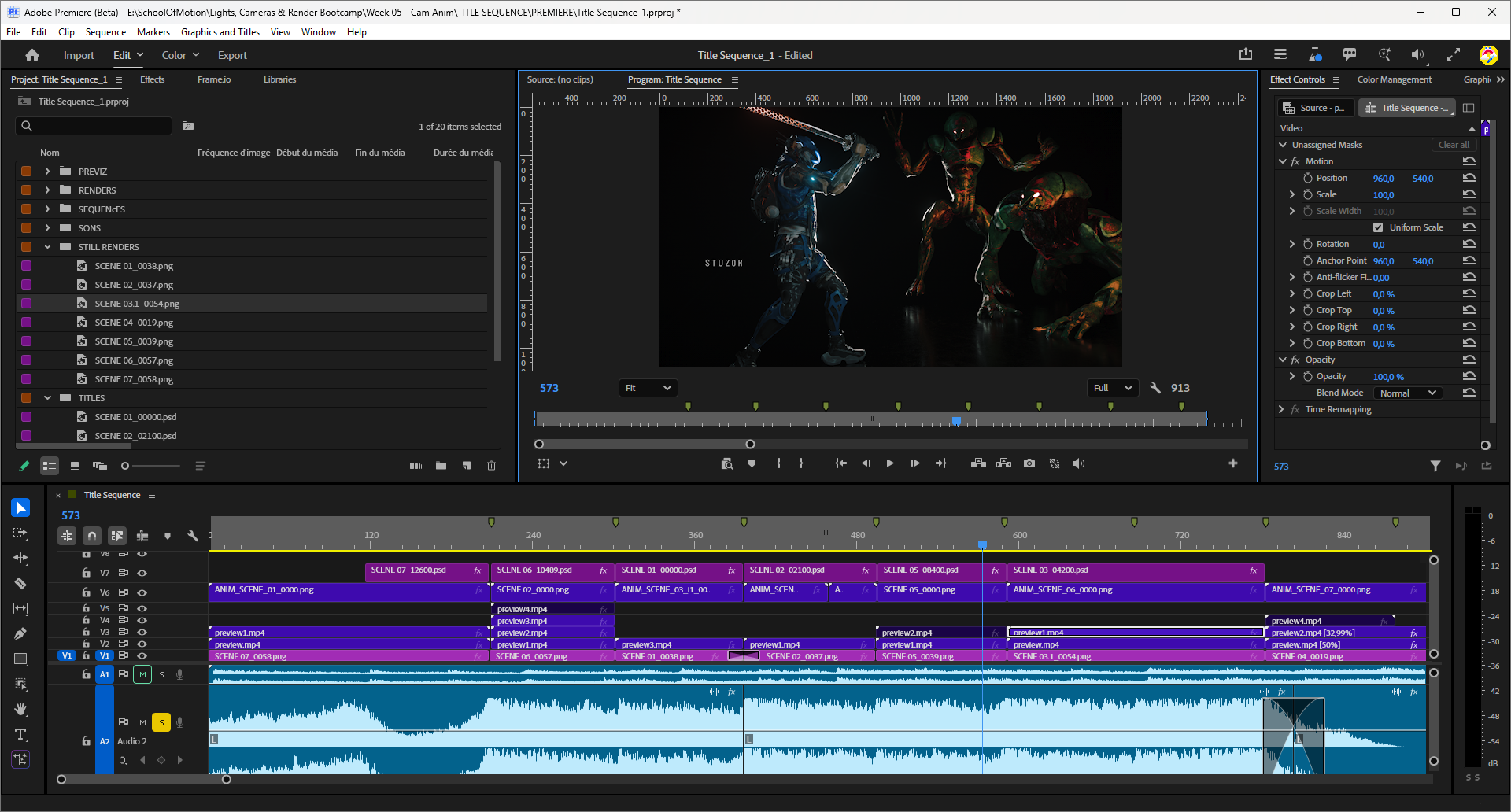 Adobe Premiere timeline used for the School of Motion title sequence post-production