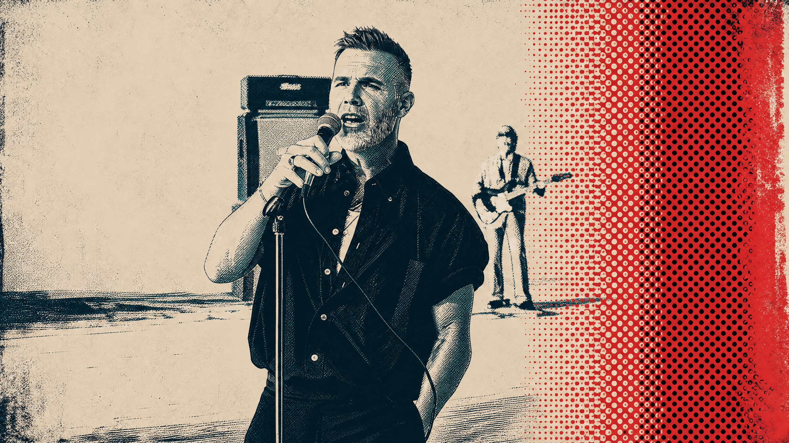 NanoBanana conversion of the on-set frame into the ink and halftone style, keeping the band's likeness